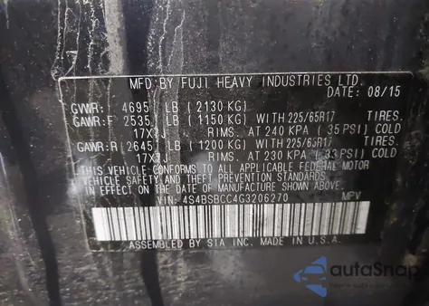 2016 Subaru Outback 2.5I Premium из США, поврежденный, VIN 4S4BSBCC4G3206270